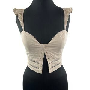 Rumor Beige Crop Top Smocked Sweetheart Button-Up Flutter Ruffle Sleeve Sz 8 NEW